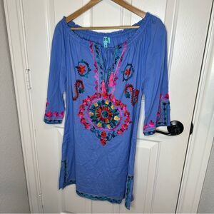 South Main Indigo Purple Floral Embroidered Tunic Mini Dress Sz M Boho Western